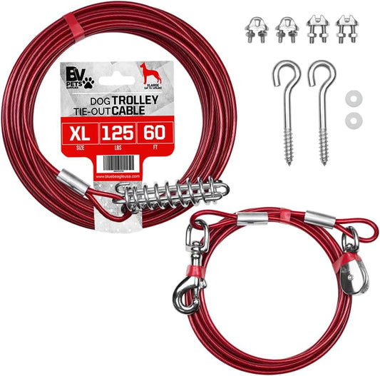 Pet Tie Out Cable for Dogs up to 90/125/ 250 Pounds, 25/30 Feet (125Lbs/ 60Ft/ Trolley)